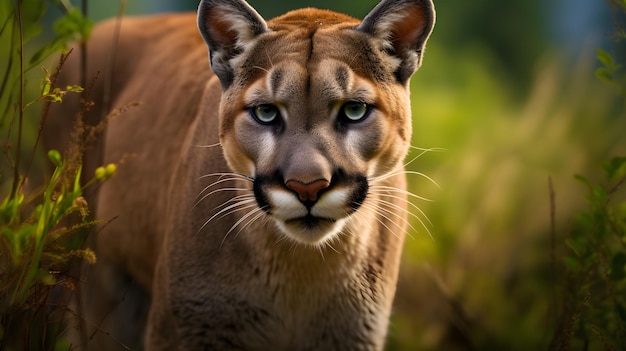 A puma in a field with green grass in the background