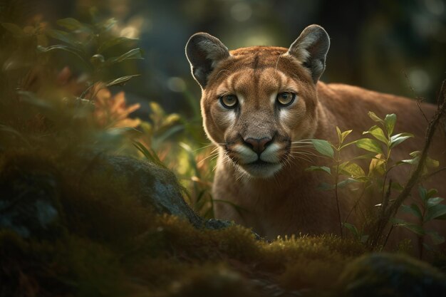 A puma in a forest with a green background