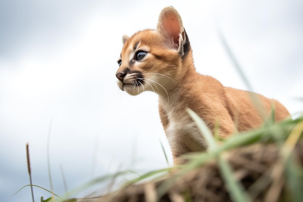 Puma on a grassy knoll with clouds behind