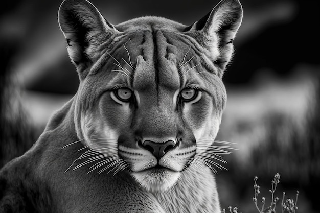 Puma mountain lion panther cougar Puma concolor or catamount incredibly threatening close up black and white portrait Generative AI