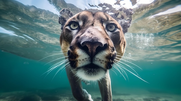 Puma swimming under water with a blue background