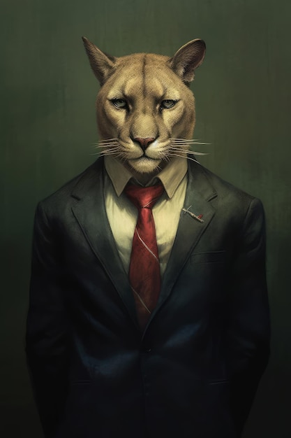 A puma with a red tie and a suit