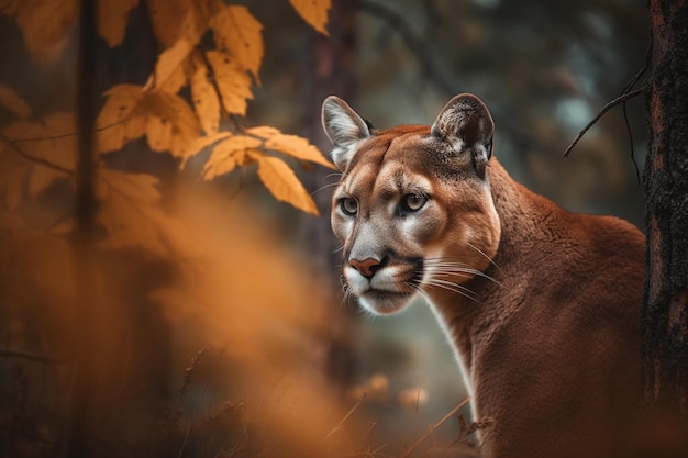 A puma in the woods with a yellow leaf that says puma.