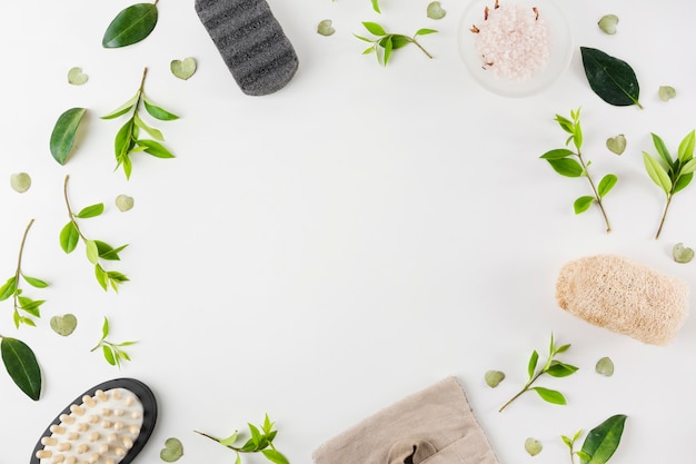 Photo pumice stone; salt; massage brush; natural loofah decorated with green leaves on white backdrop