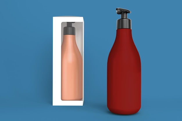 Photo pump shampoo bottles front side isolated in blue background