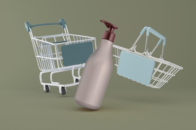 Pump shampoo bottles and shopping carts front side in green\
background