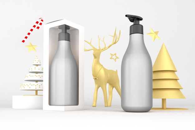 Бутылки шампуня насоса с лицевой стороной коробки в рождественском тематическом фоне