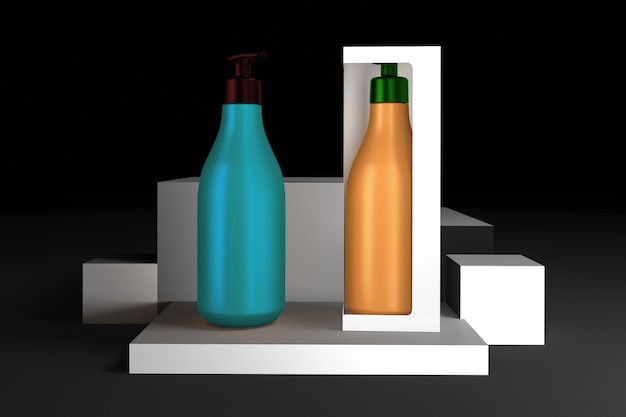 Фото Бутылки шампуня насоса с передней стороной коробки на фоне уровней