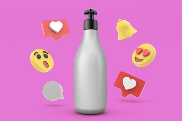 pump shampoo and social media front side in pink background