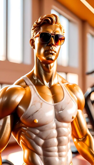 Photo pumped marble statue with strong golden sunglasses