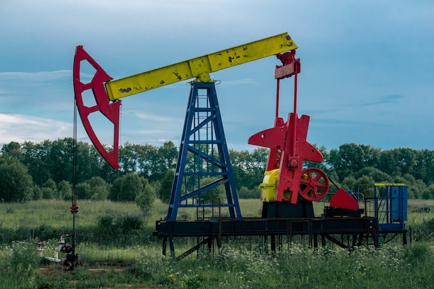 Pumpjack-zuigerpomp in werking bij een oliebron in het veld buiten