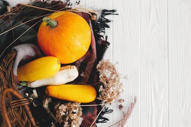 Фото Тыква и кабачки в плетеной корзине на белом деревянном фоне с днем благодарения и хэллоуина урожай и привет осенняя концепция деревенский образ
