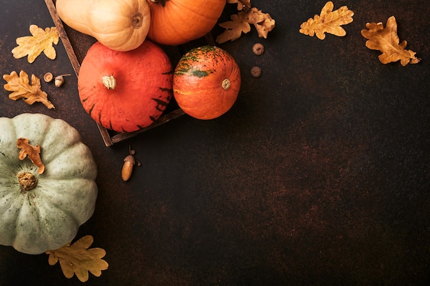 Pumpkin. Autumn food background with cinnamon, nuts and seasonal spices on brawn rustic background. Cooking pumpkin or apple pie and cookies for Thanksgiving and autumn holidays. Top view copy space.