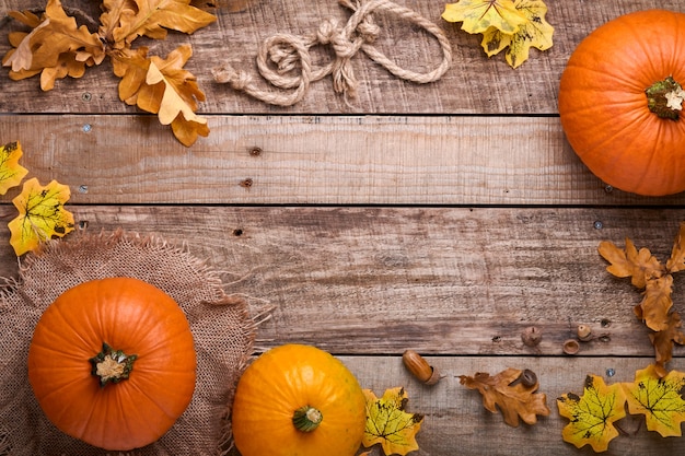 Тыква. Осенний фон еды с корицей, орехами и сезонными специями на деревенском фоне. Готовим тыквенный или яблочный пирог и печенье на День Благодарения и осенние праздники. Вид сверху с копией пространства.