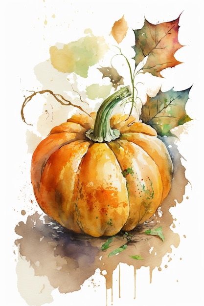 Pumpkin and autumn leaves on white background Watercolor pumpkin print for cover booklet
