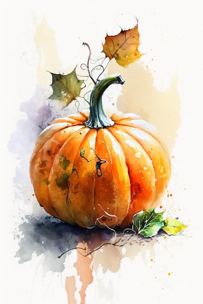 Pumpkin and autumn leaves on white background Watercolor pumpkin print for cover booklet