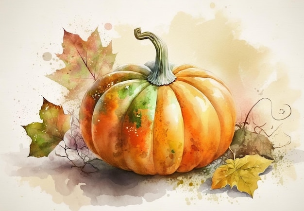 Pumpkin and autumn leaves on white background Watercolor pumpkin print for cover booklet