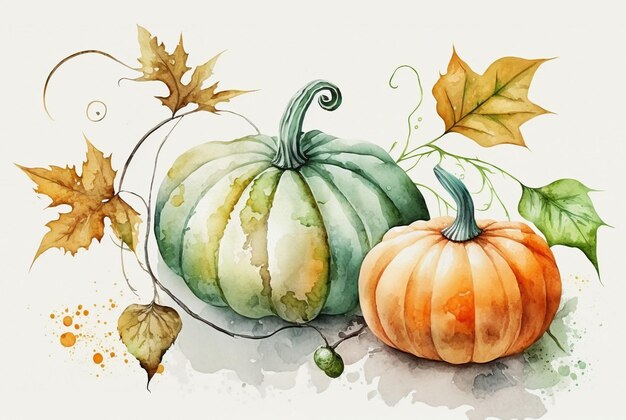 Pumpkin and autumn leaves on white background Watercolor pumpkin print for cover booklet