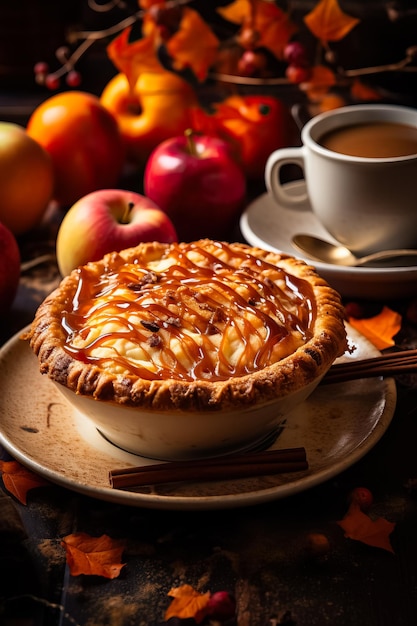 Pumpkin autumn pie on cozy background