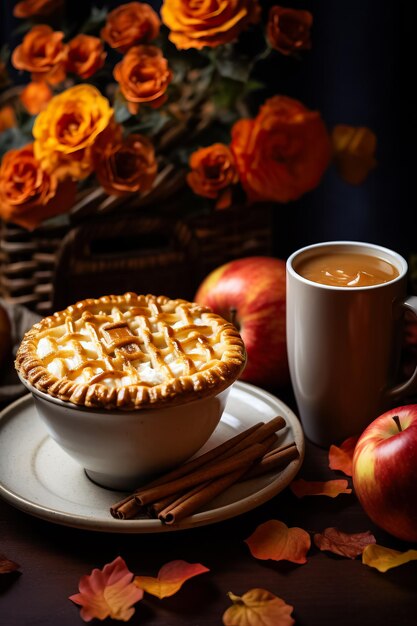 Pumpkin autumn pie on cozy background