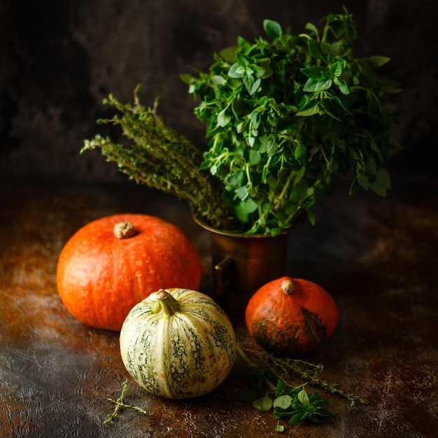 Pumpkin, basil and thyme on a rusty table