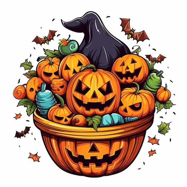 A pumpkin basket with a black bat and a black bat in it.