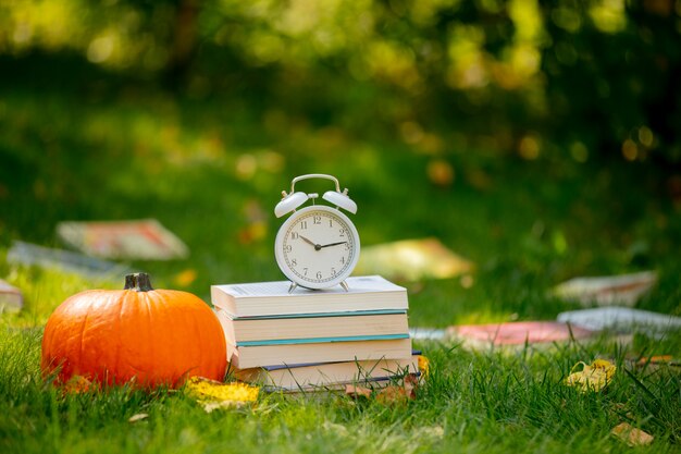 Pumpkin and books with alarm clock are on a green grass in a garden