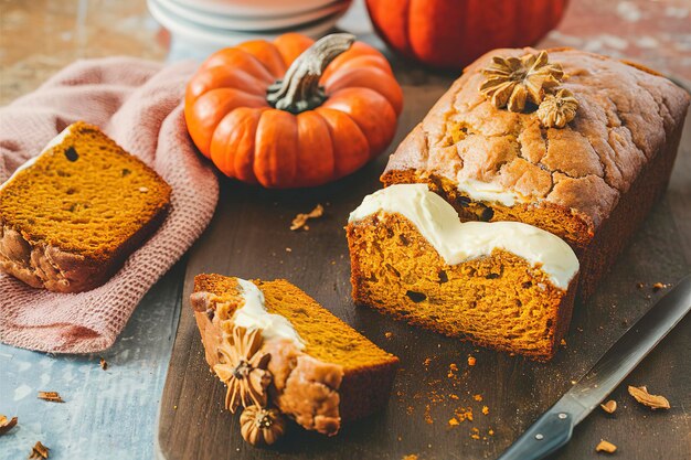 Photo pumpkin bread or cake with cream cheese filling food gifts concept