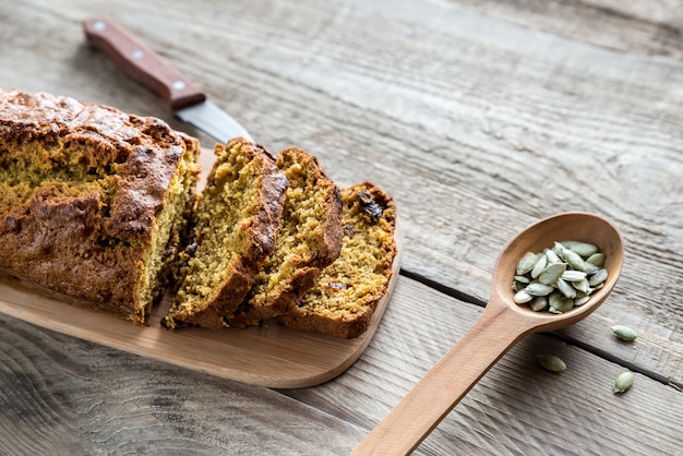 Pumpkin bread on the wooden board