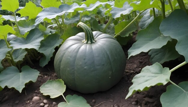 pumpkin in the bushes in the garden surrounded by leaves