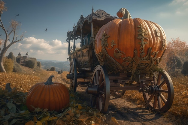 Pumpkin carriage on road in magic forest Cinderella's pumpkin carriage AI