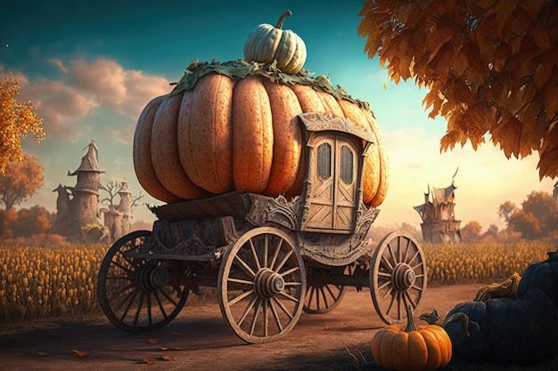 Pumpkin carriage on road in magic forest Cinderella's pumpkin carriage AI