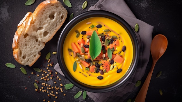 Pumpkin carrot cream soup in a black bowl