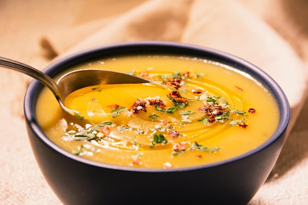 Pumpkin and carrot cream soup blue bowl close up photo spoon