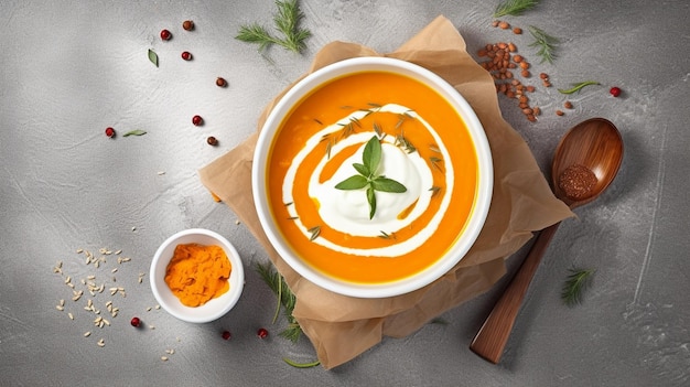 Pumpkin and carrot soup with cream on grey stone background