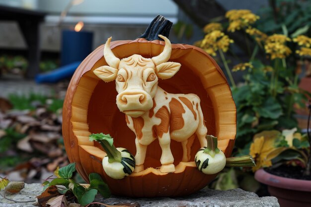 Photo pumpkin carved into a cow with turnip hooves