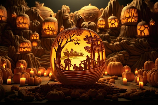 A Pumpkin Carving Depicting a Mystical Forest Enveloped in Pumpkins