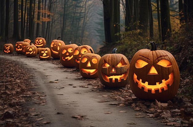 pumpkin carvings on the road in a forest in the style of emotive facial expressions
