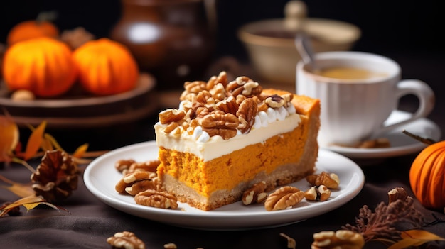 Pumpkin cheesecake met slagroom en noten Selectieve focus