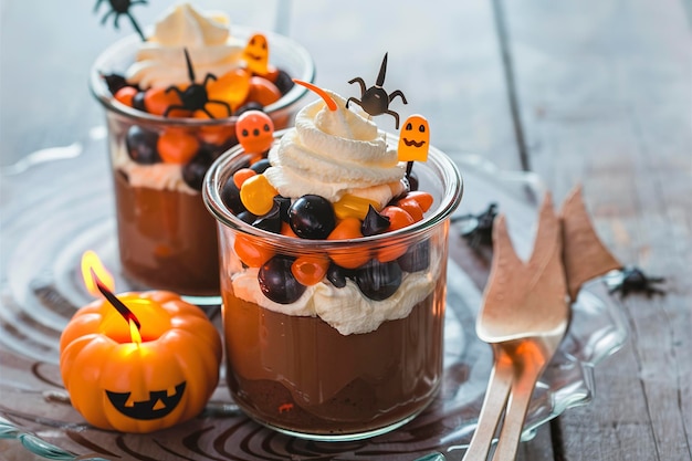 Pumpkin chocolade pudding in glazen potten versierd met snoep voor Halloween