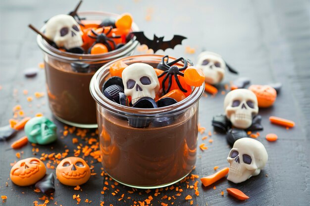 Pumpkin chocolade pudding in glazen potten versierd met snoep voor Halloween