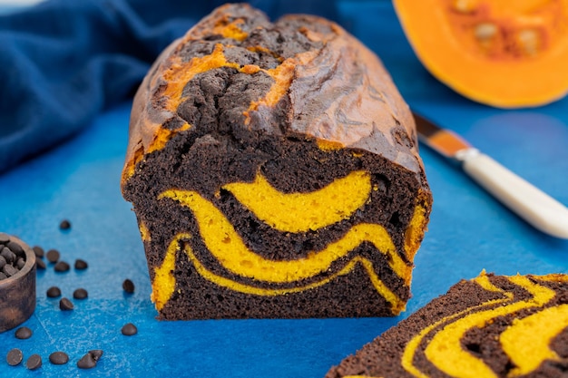 Pumpkin chocolate marble cake or bread Dessert for Thanksgiving or Halloween