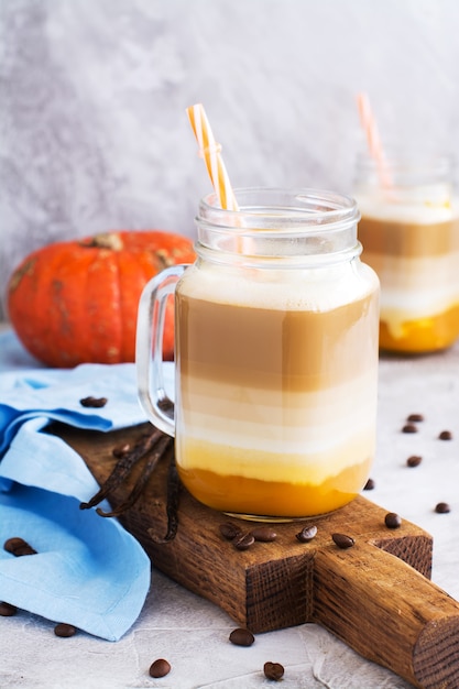 Pumpkin and coffee cocktail in a glass jar