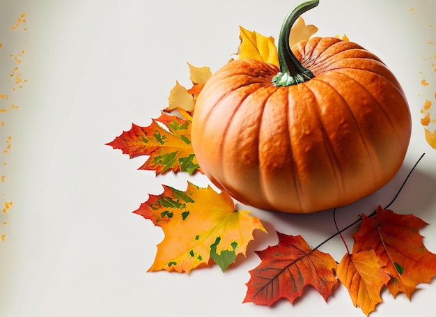 Pumpkin And Coloful Leaves On White Background