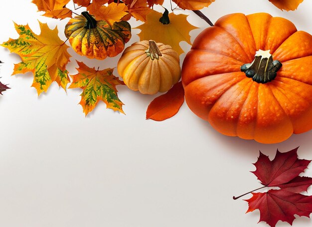 Pumpkin And Coloful Leaves On White Background