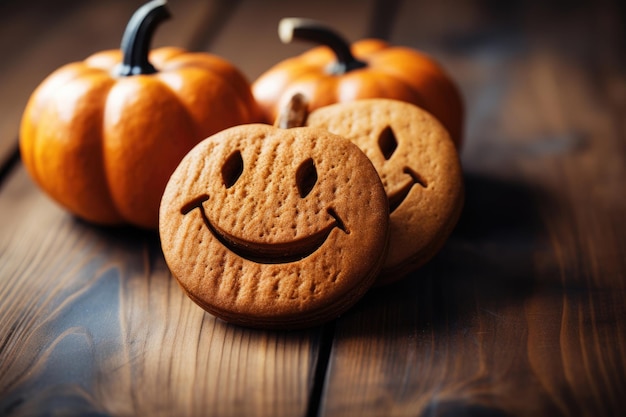 Pumpkin cookies on wooden table Generative AI