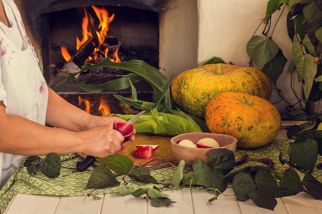 pumpkin and corn on a stove background