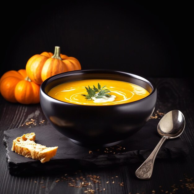 Pumpkin cream soup in bowl on Black wooden background