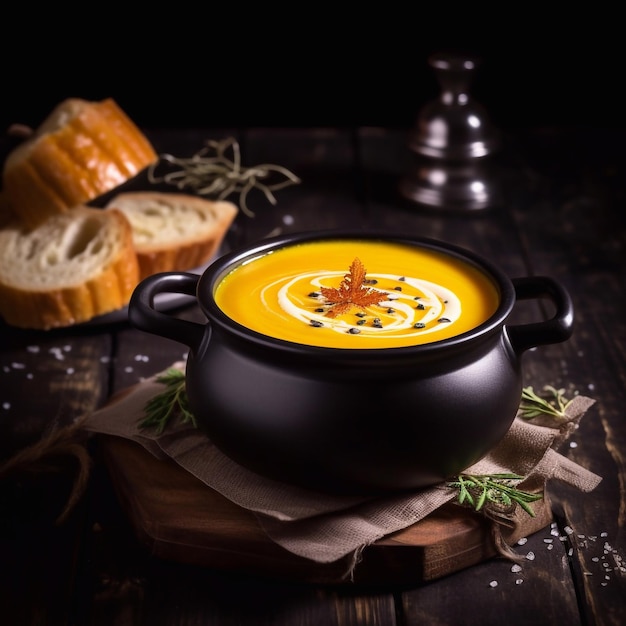 Фото Тыквенный крем-суп в миске на черном деревянном фоне