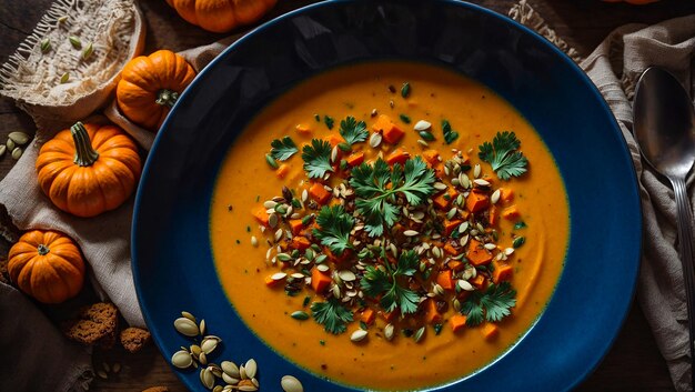 Pumpkin cream soup on an old background pumpkin seeds parsley sprig